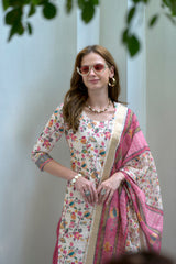 Women's Cotton Pink Floral Printed With Chikankari Embroidered Kurta Pant With Dupatta-AVT-S2027-Pink