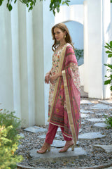 Women's Cotton Pink Floral Printed With Chikankari Embroidered Kurta Pant With Dupatta-AVT-S2027-Pink
