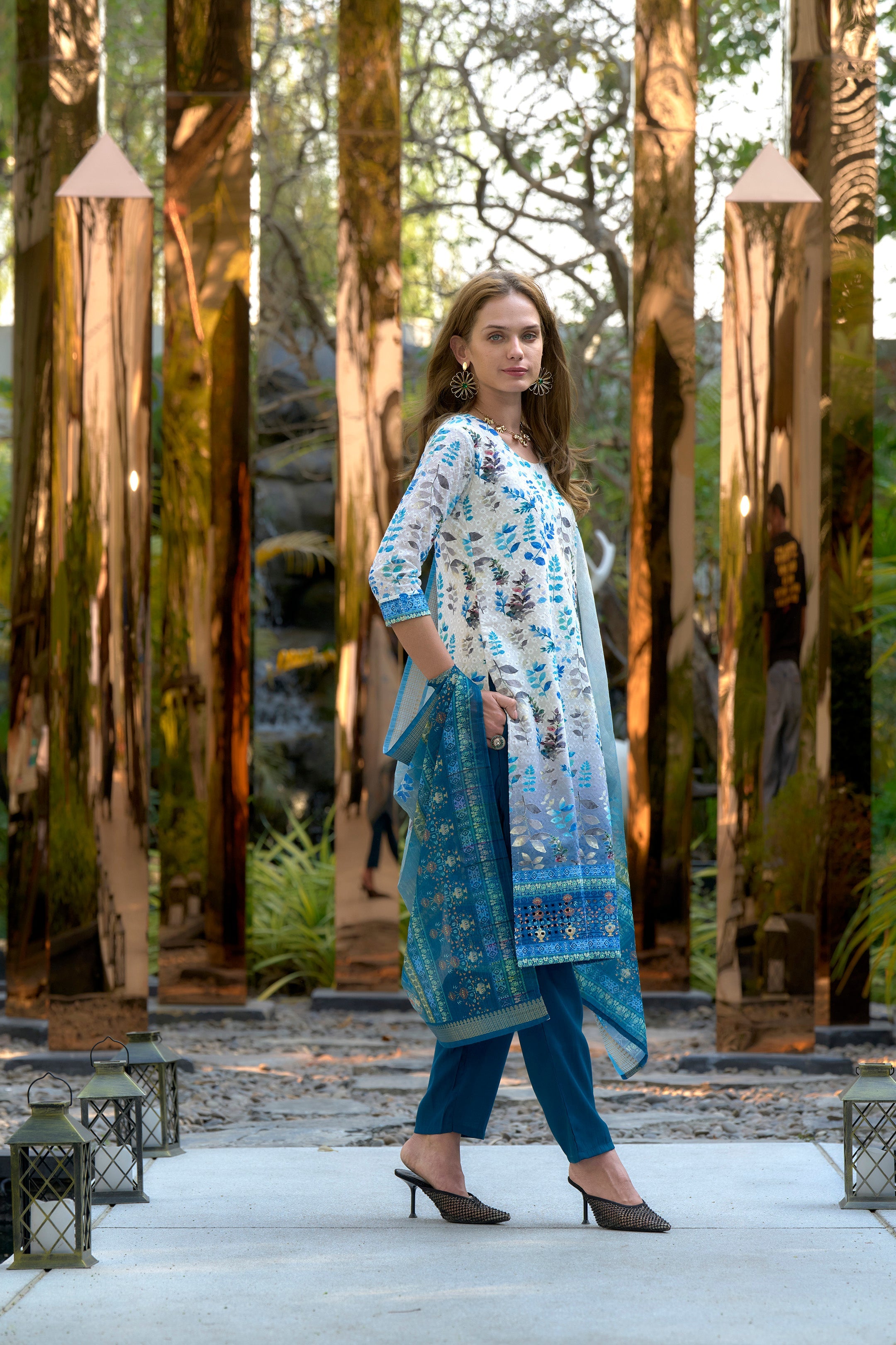 Women's Cotton Sky Blue Floral Printed With Chikankari Embroidered Kurta Pant With Dupatta
