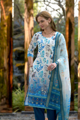 Women's Cotton Sky Blue Floral Printed With Chikankari Embroidered Kurta Pant With Dupatta-AVT-S2028-Sky