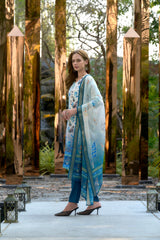 Women's Cotton Sky Blue Floral Printed With Chikankari Embroidered Kurta Pant With Dupatta-AVT-S2028-Sky