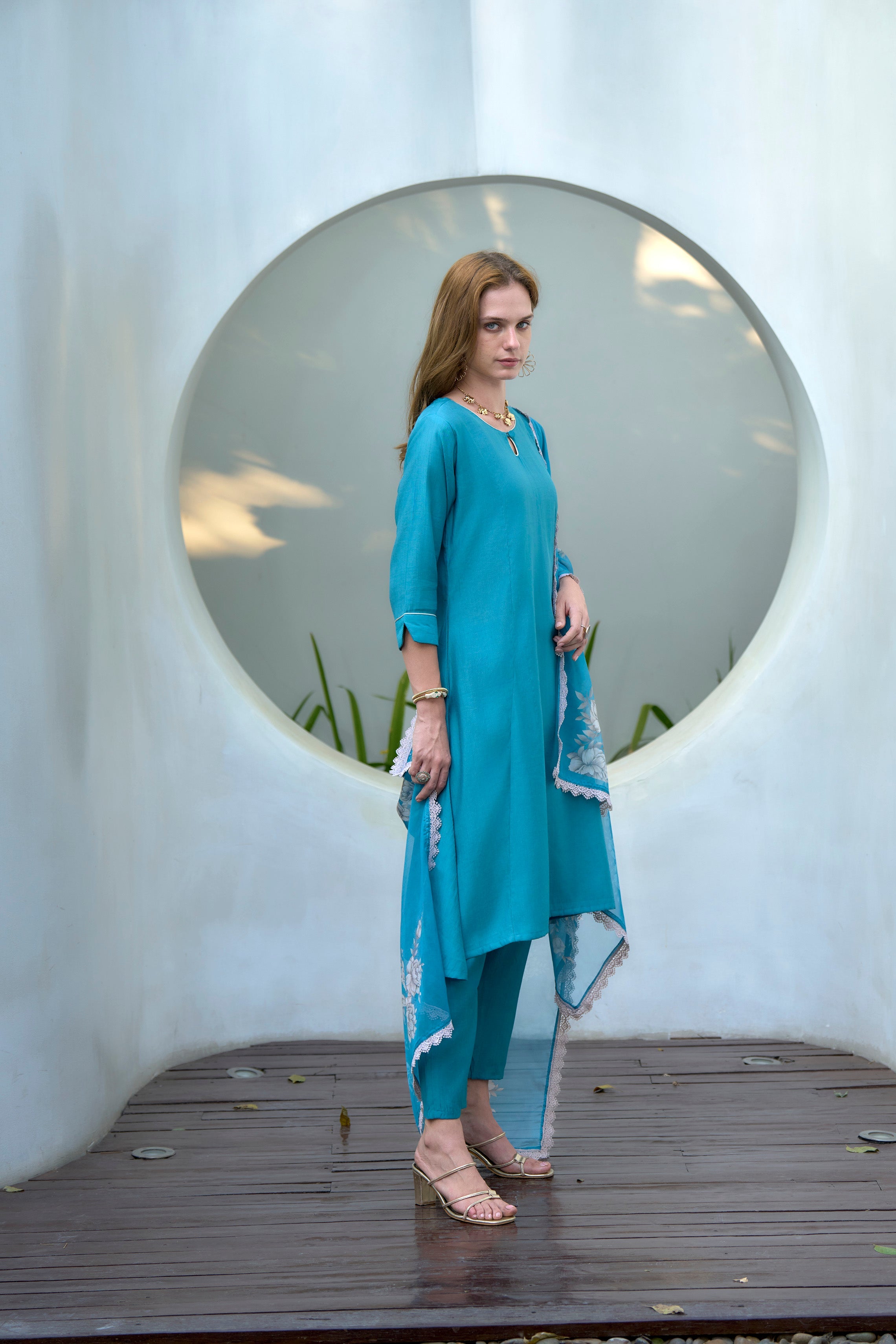 Women's Cotton Sky Blue Emblished Kurta Pant With Dupatta