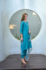 Women's Cotton Sky Blue Emblished Kurta Pant With Dupatta-AVT-S2029-Sky