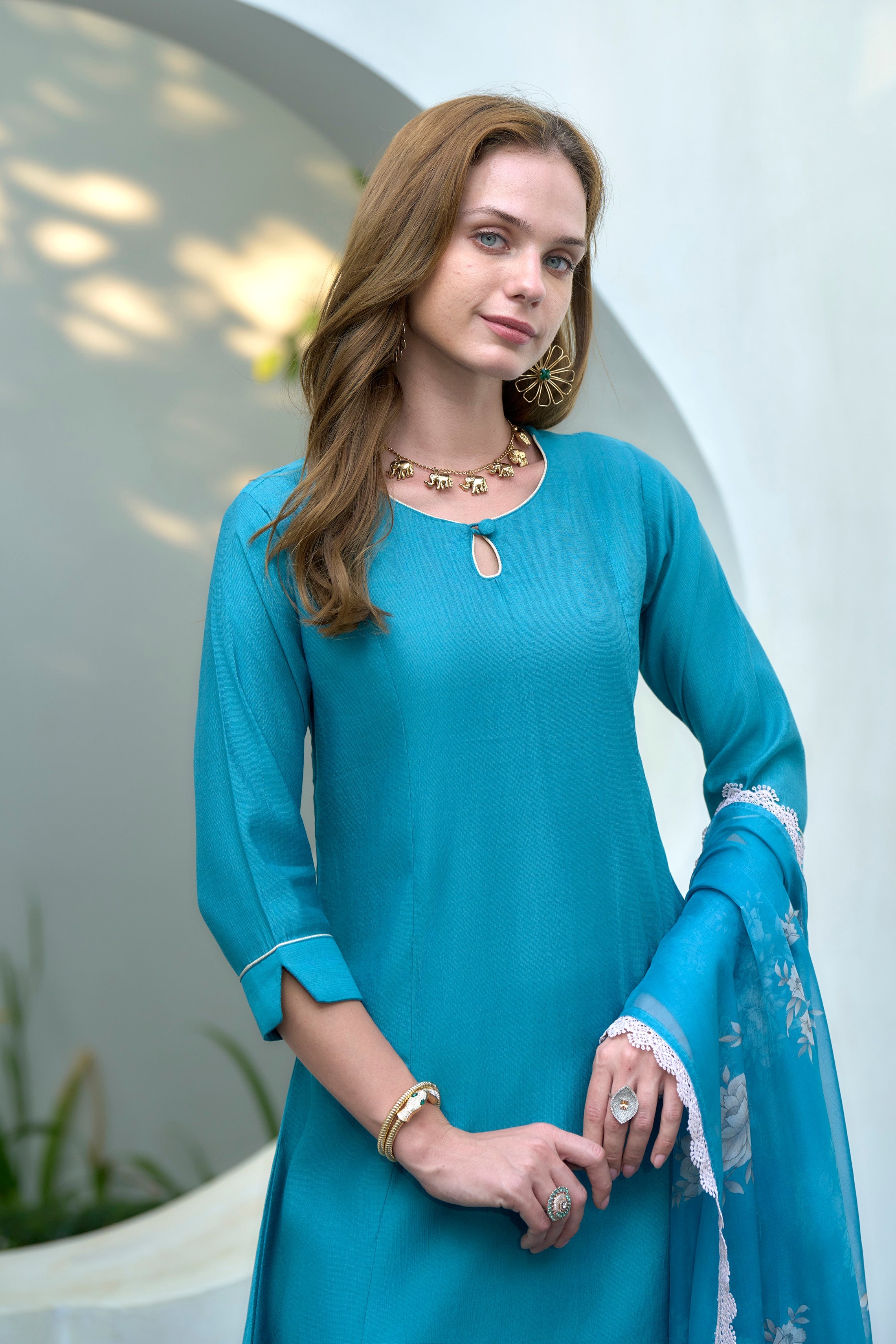 Women's Cotton Sky Blue Emblished Kurta Pant With Dupatta