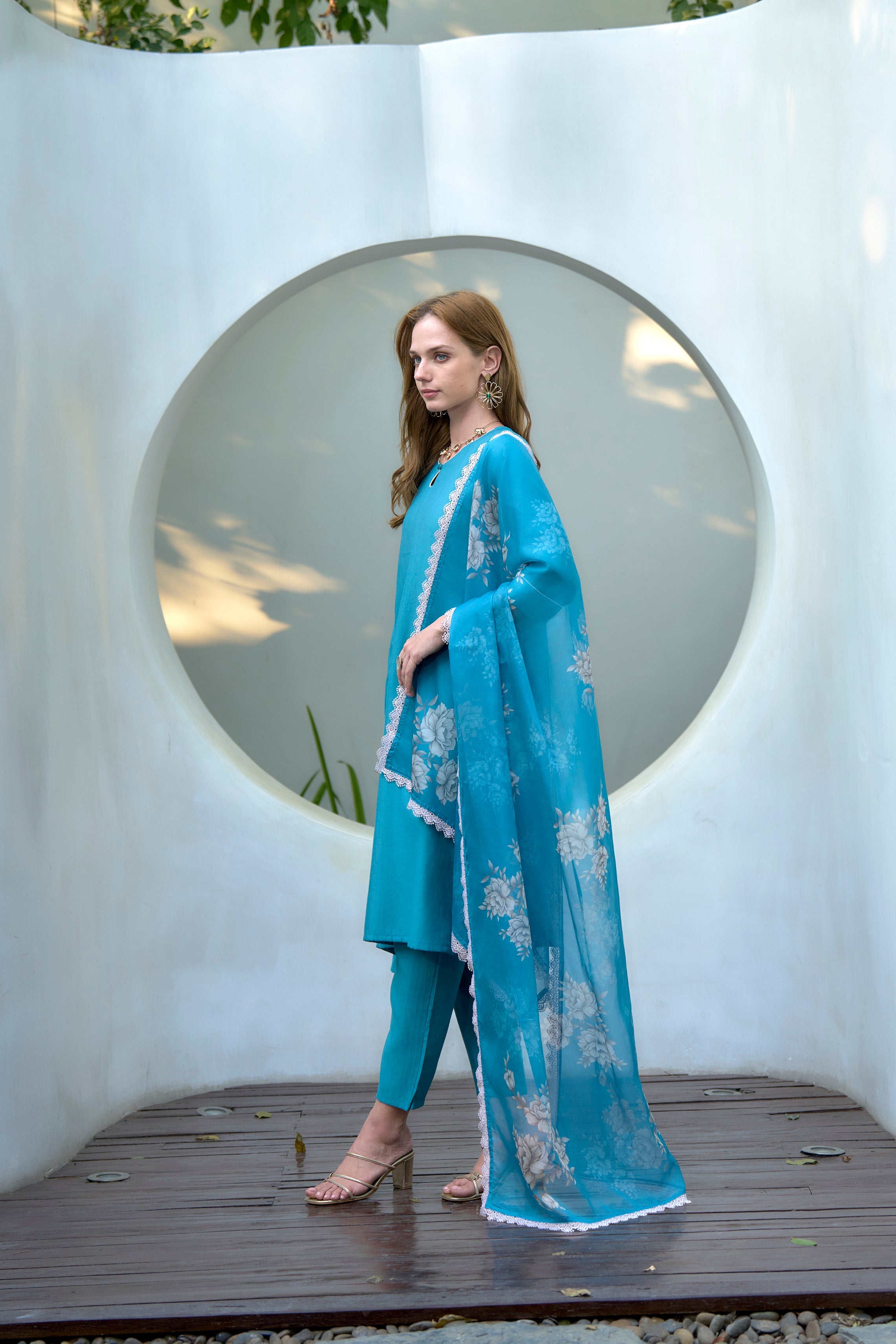 Women's Cotton Sky Blue Emblished Kurta Pant With Dupatta