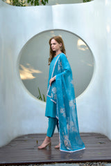 Women's Cotton Sky Blue Emblished Kurta Pant With Dupatta-AVT-S2029-Sky