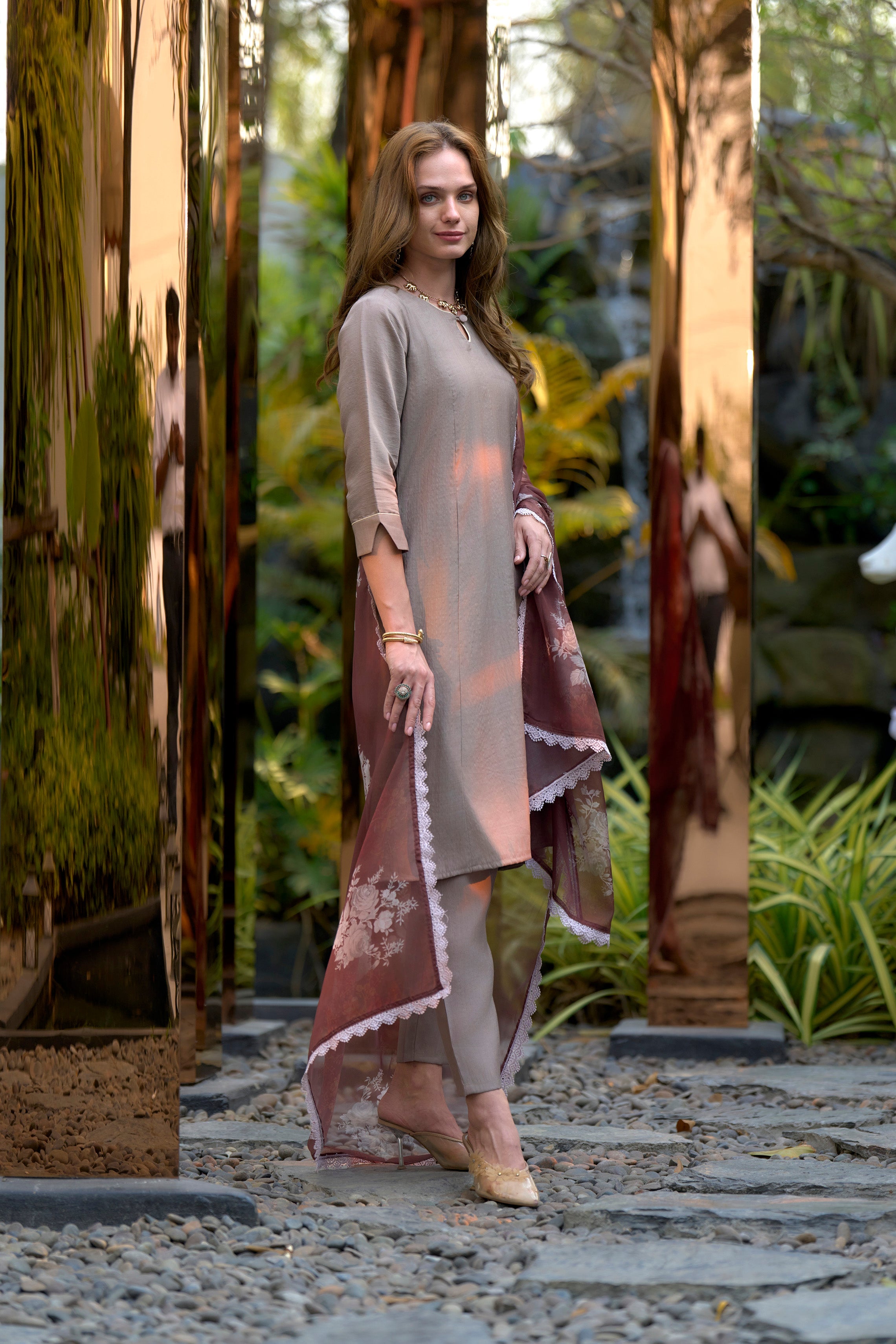 Women's Cotton Brown Emblished Kurta Pant With Dupatta