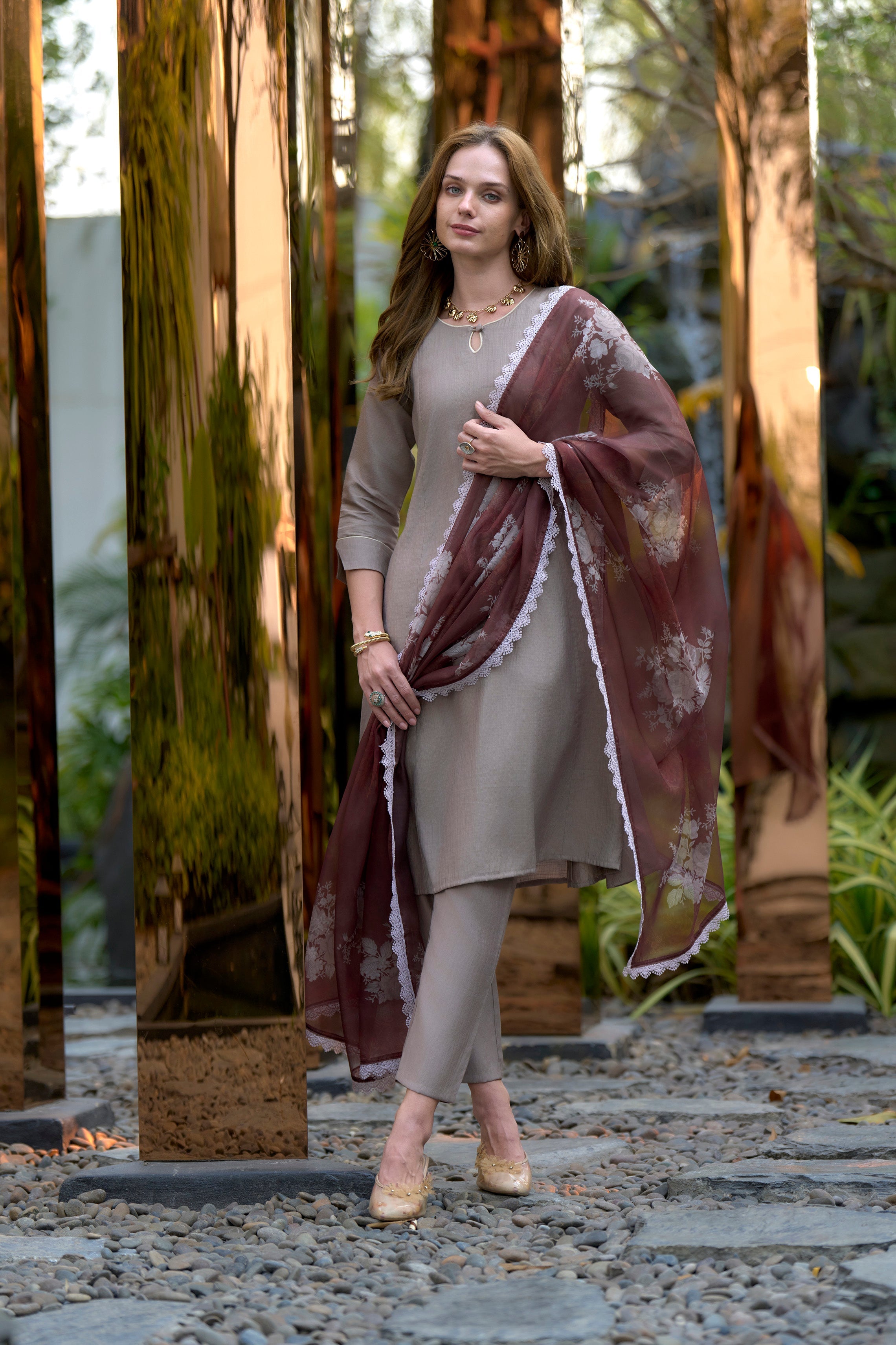 Women's Cotton Brown Emblished Kurta Pant With Dupatta