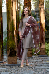 Women's Cotton Brown Emblished Kurta Pant With Dupatta-AVT-S2030-Brown