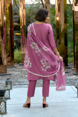 Women's Cotton Onion Emblished Kurta Pant With Dupatta-AVT-S2031-Onion