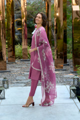 Women's Cotton Onion Emblished Kurta Pant With Dupatta-AVT-S2031-Onion