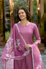 Women's Cotton Onion Emblished Kurta Pant With Dupatta-AVT-S2031-Onion