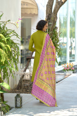 Women's Cotton Green Emblished Kurta Pant With Dupatta-AVT-S2032-Green