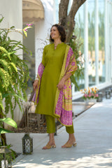 Women's Cotton Green Emblished Kurta Pant With Dupatta-AVT-S2032-Green