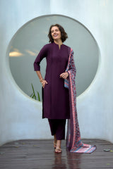 Women's Cotton Wine Emblished Kurta Pant With Dupatta-AVT-S2033-Wine