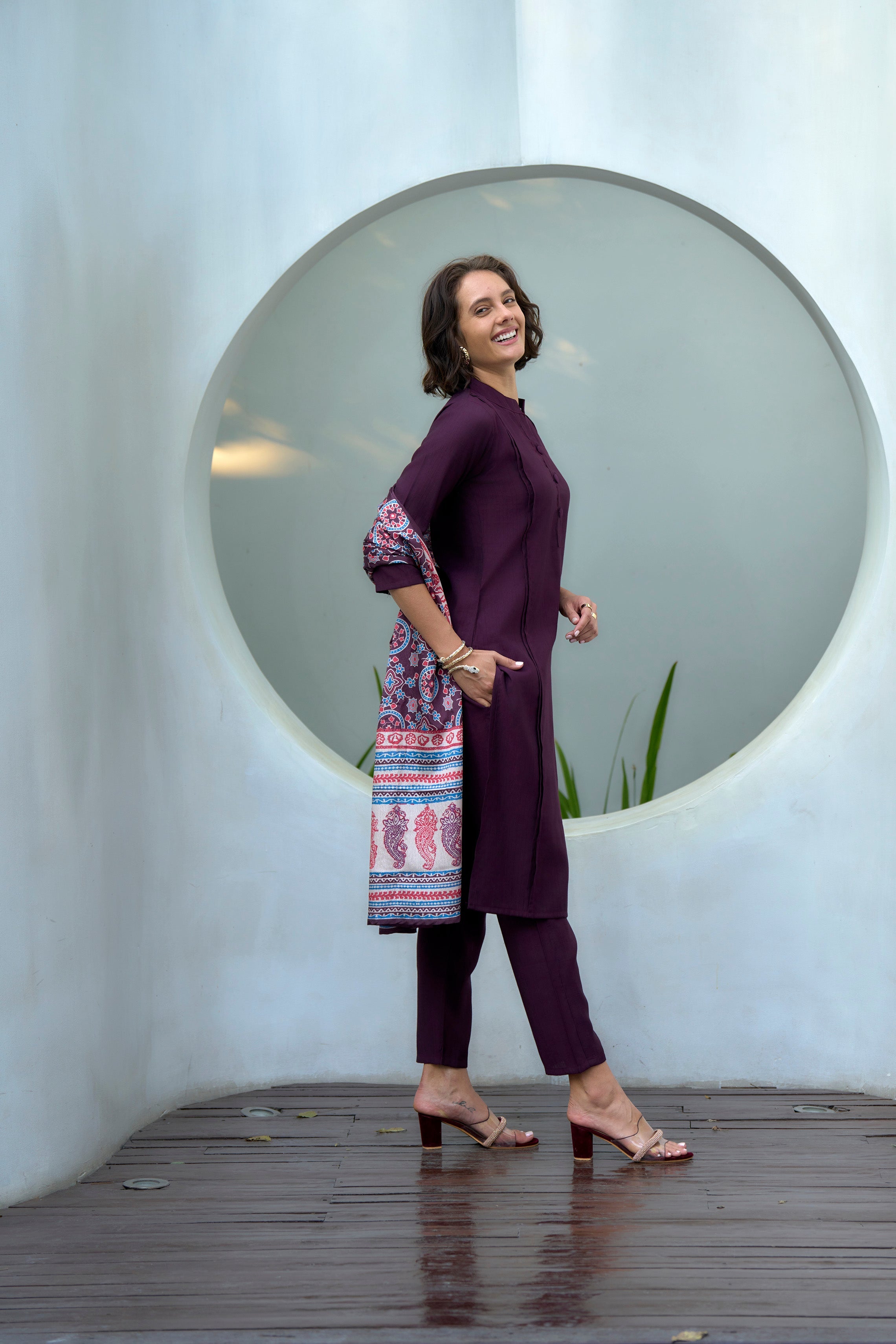 Women's Cotton Wine Emblished Kurta Pant With Dupatta