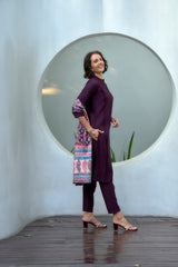 Women's Cotton Wine Emblished Kurta Pant With Dupatta-AVT-S2033-Wine