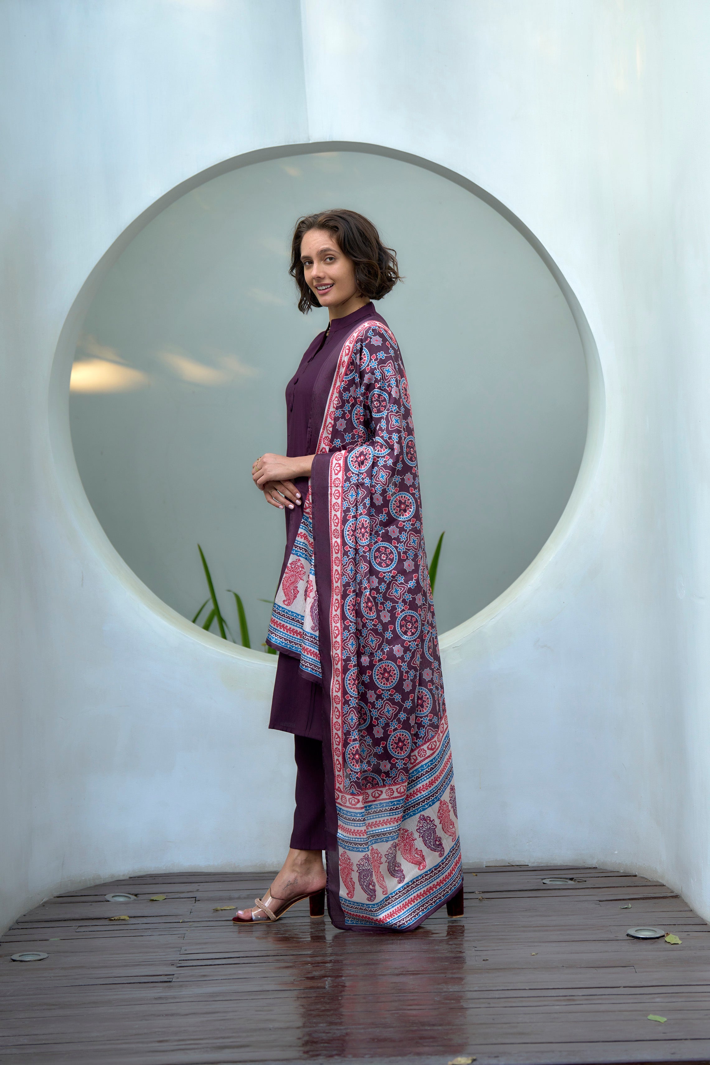 Women's Cotton Wine Emblished Kurta Pant With Dupatta