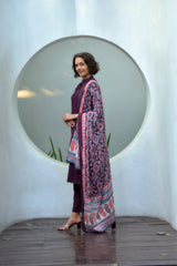 Women's Cotton Wine Emblished Kurta Pant With Dupatta-AVT-S2033-Wine