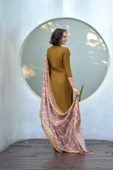 Women's Cotton Mustard Emblished Kurta Pant With Dupatta-AVT-S2034-Mustard