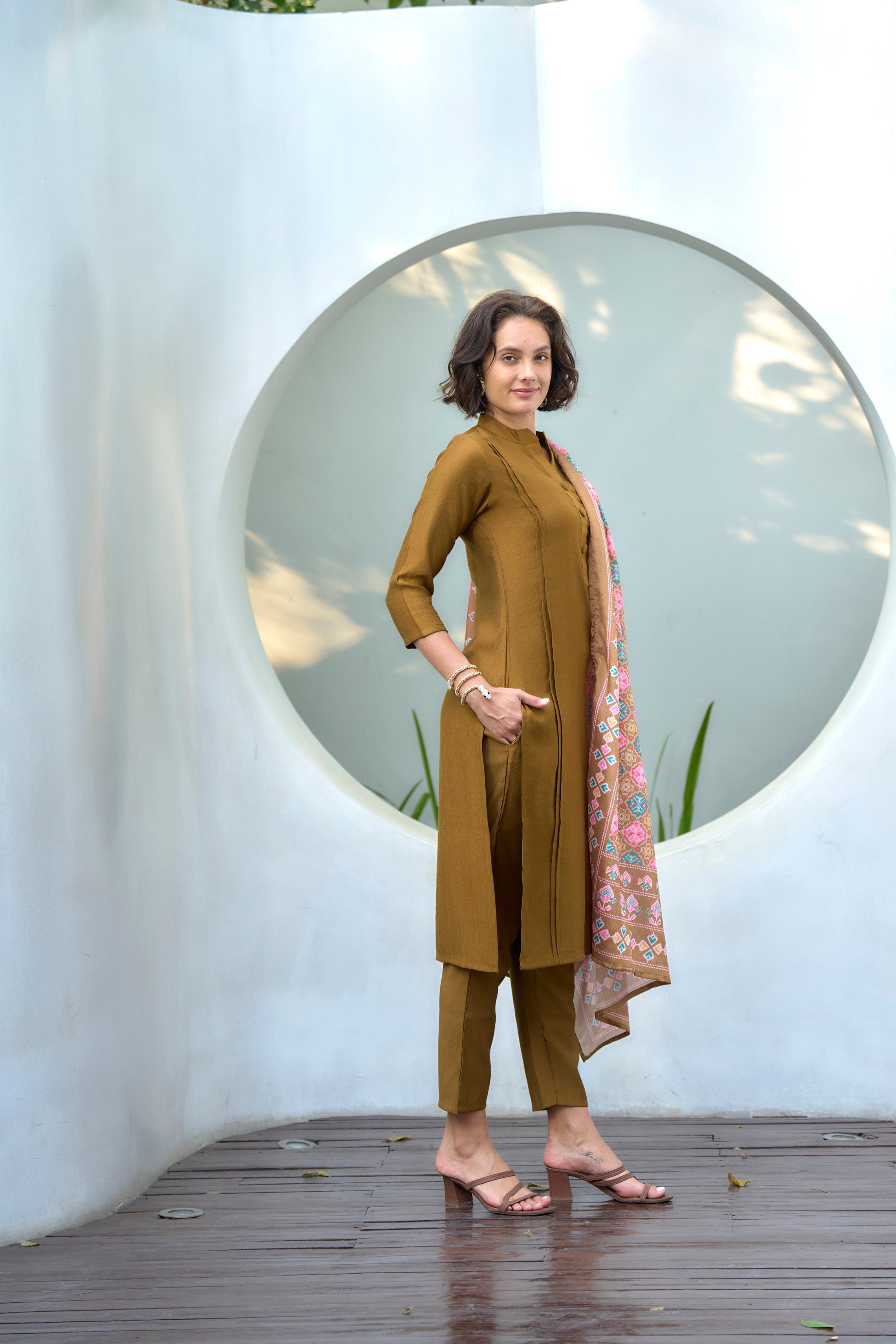 Women's Cotton Mustard Emblished Kurta Pant With Dupatta