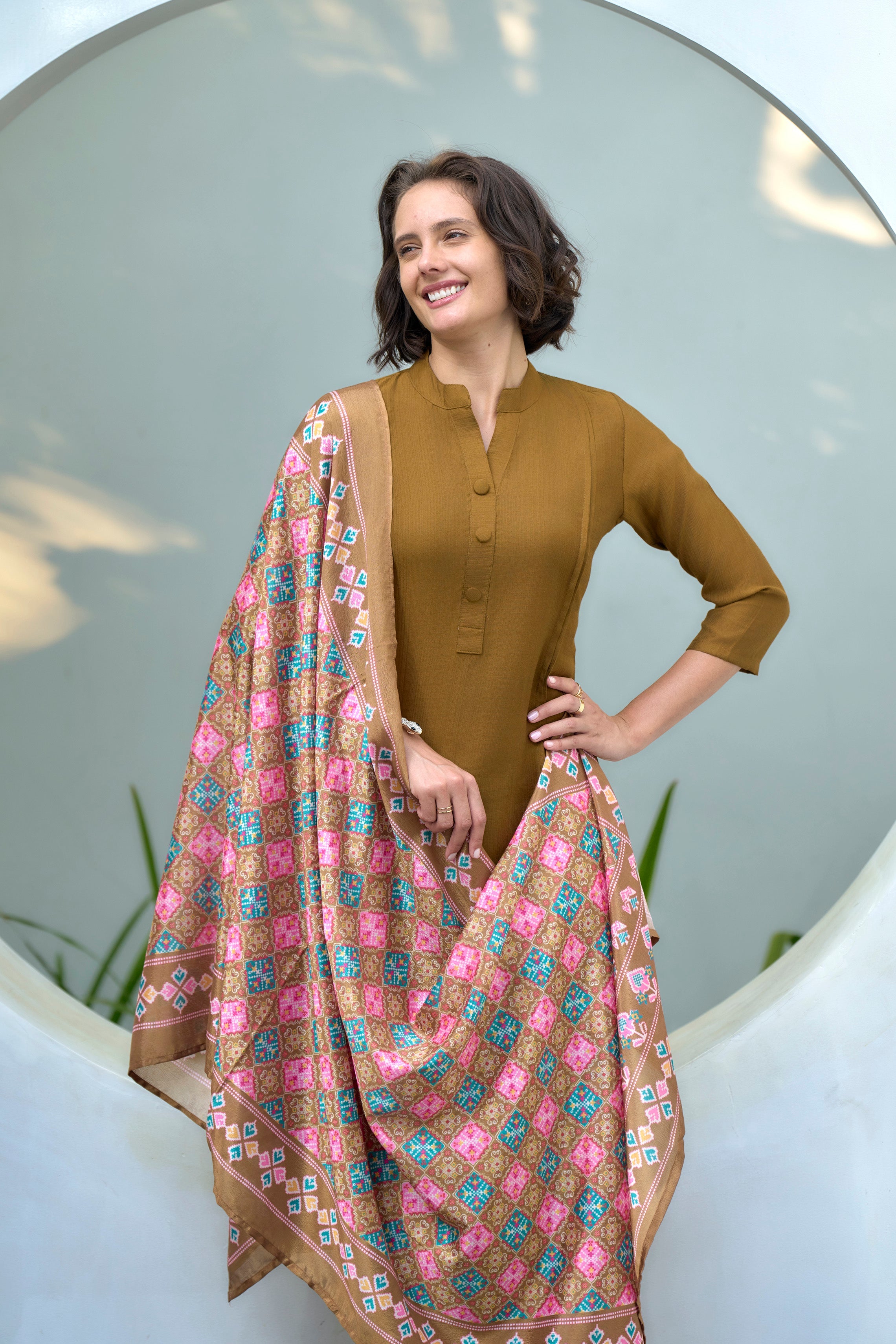 Women's Cotton Mustard Emblished Kurta Pant With Dupatta