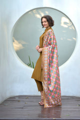 Women's Cotton Mustard Emblished Kurta Pant With Dupatta-AVT-S2034-Mustard
