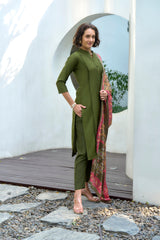 Women's Cotton Dark Green Emblished Kurta Pant With Dupatta-AVT-S2035-Dgreen
