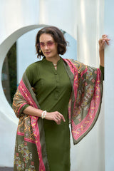 Women's Cotton Dark Green Emblished Kurta Pant With Dupatta-AVT-S2035-Dgreen