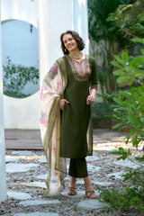Women's Cotton Purple Emblished Kurta Pant With Dupatta-AVT-S2036-Green
