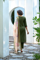 Women's Cotton Purple Emblished Kurta Pant With Dupatta-AVT-S2036-Green