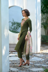 Women's Cotton Purple Emblished Kurta Pant With Dupatta-AVT-S2036-Green