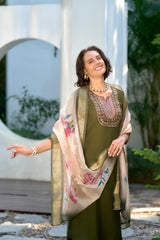 Women's Cotton Purple Emblished Kurta Pant With Dupatta-AVT-S2036-Green