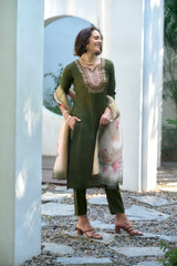 Women's Cotton Purple Emblished Kurta Pant With Dupatta-AVT-S2036-Green
