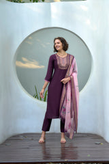 Women's Cotton Purple Embroidered Kurta Pant With Dupatta-AVT-S2037-Purple