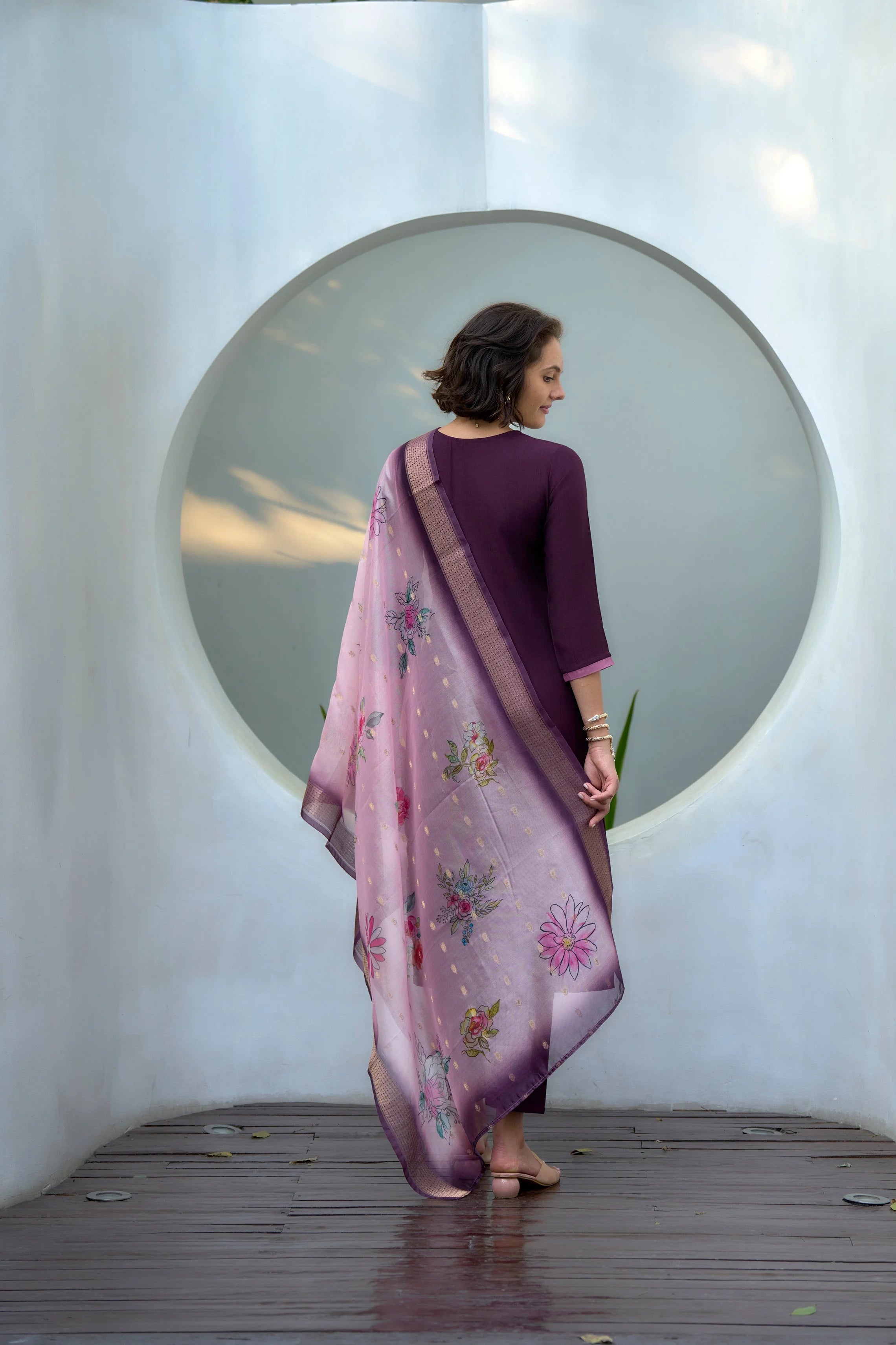 Women's Cotton Purple Embroidered Kurta Pant With Dupatta