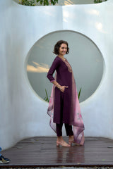 Women's Cotton Purple Embroidered Kurta Pant With Dupatta-AVT-S2037-Purple