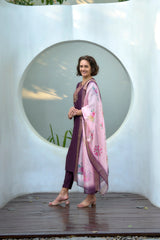 Women's Cotton Purple Embroidered Kurta Pant With Dupatta-AVT-S2037-Purple