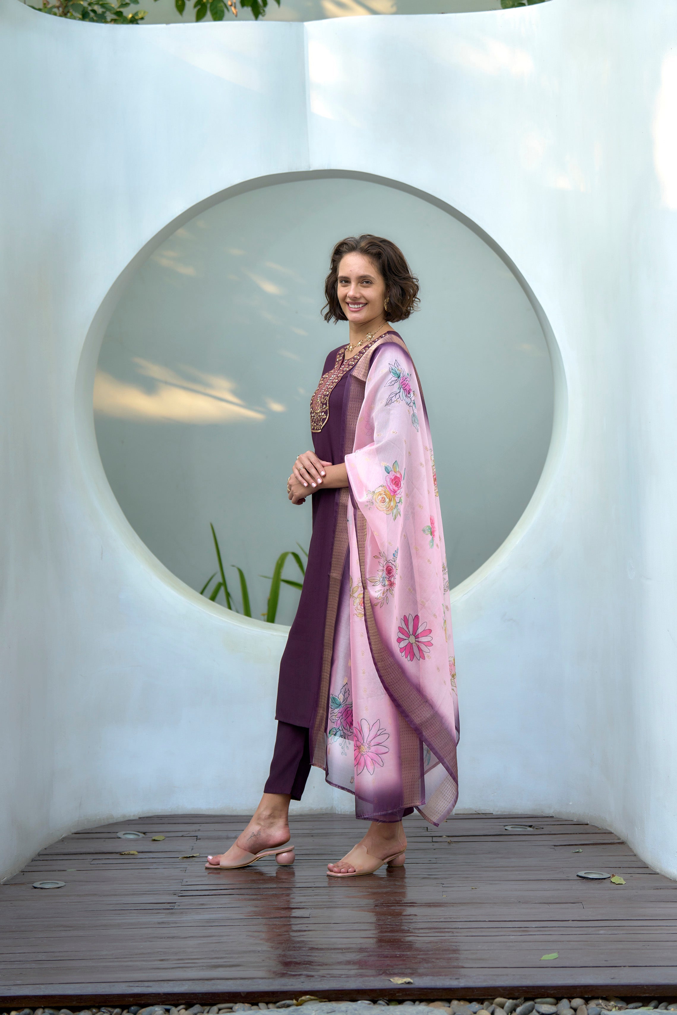 Women's Cotton Purple Embroidered Kurta Pant With Dupatta