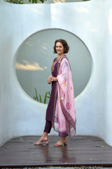 Women's Cotton Purple Embroidered Kurta Pant With Dupatta-AVT-S2037-Purple
