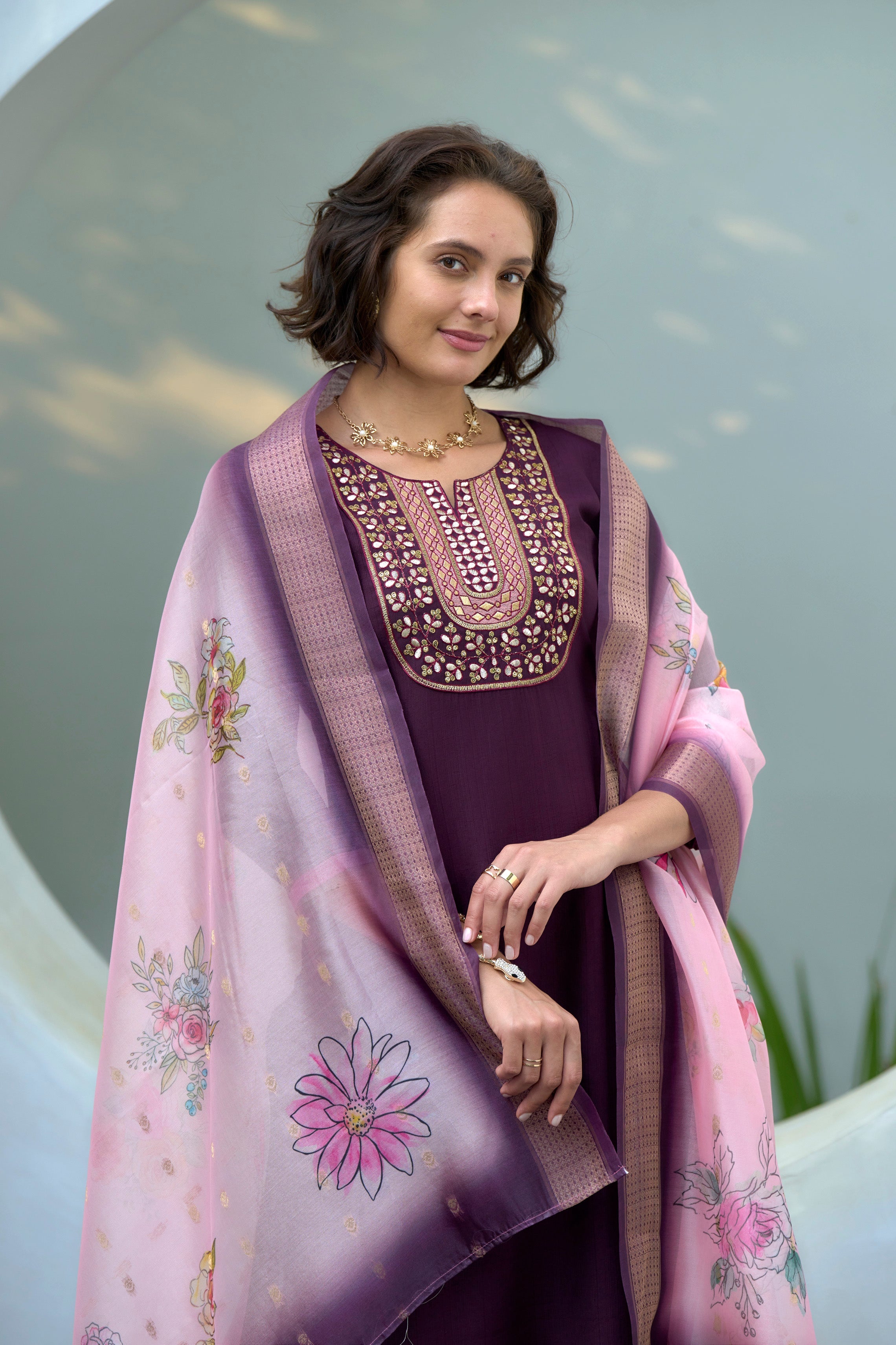 Women's Cotton Purple Embroidered Kurta Pant With Dupatta