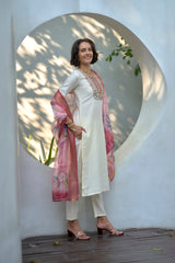 Women's Cotton White Embroidered Kurta Pant With Dupatta-AVT-S2038-White