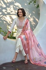 Women's Cotton White Embroidered Kurta Pant With Dupatta-AVT-S2038-White