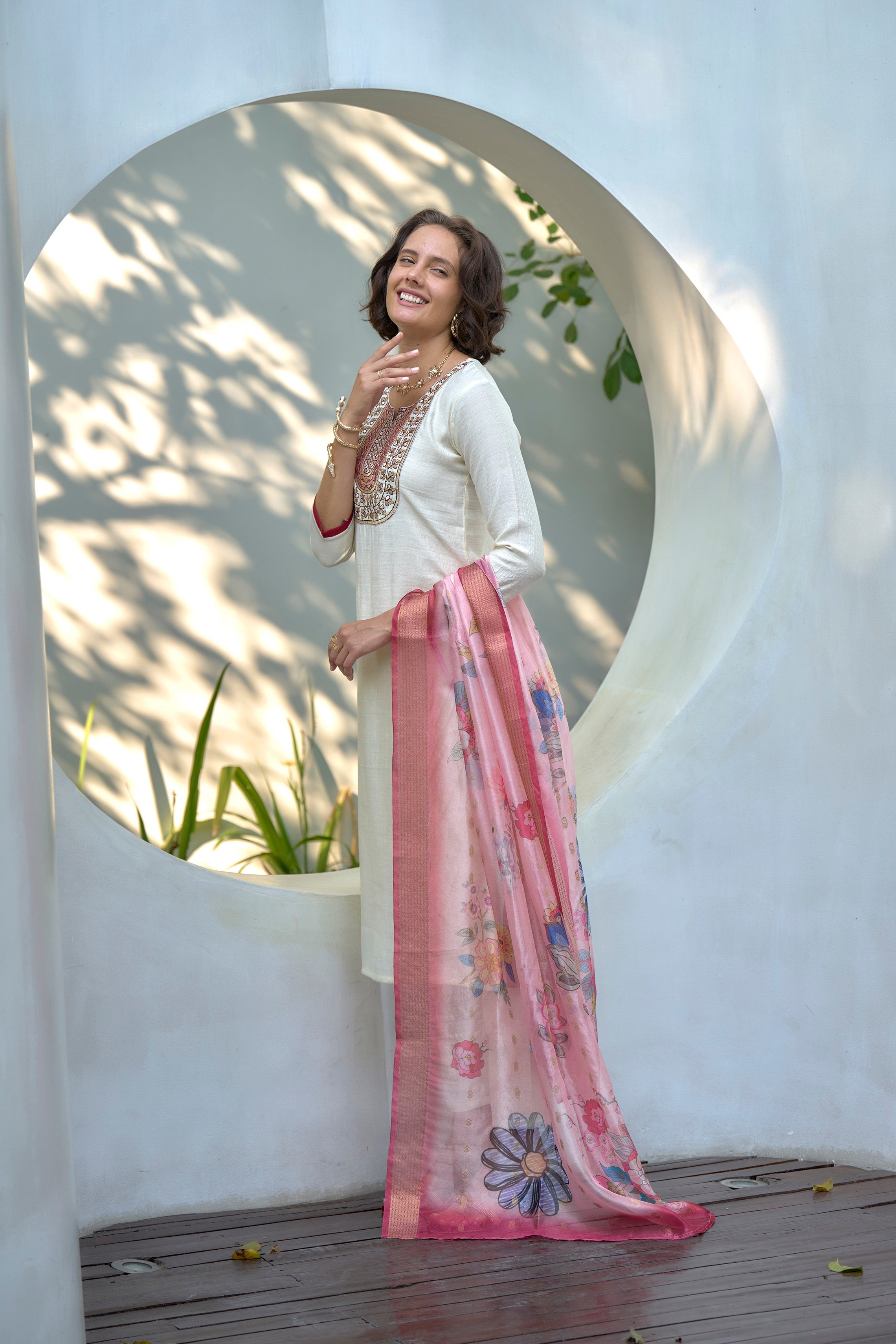 Women's Cotton White Embroidered Kurta Pant With Dupatta