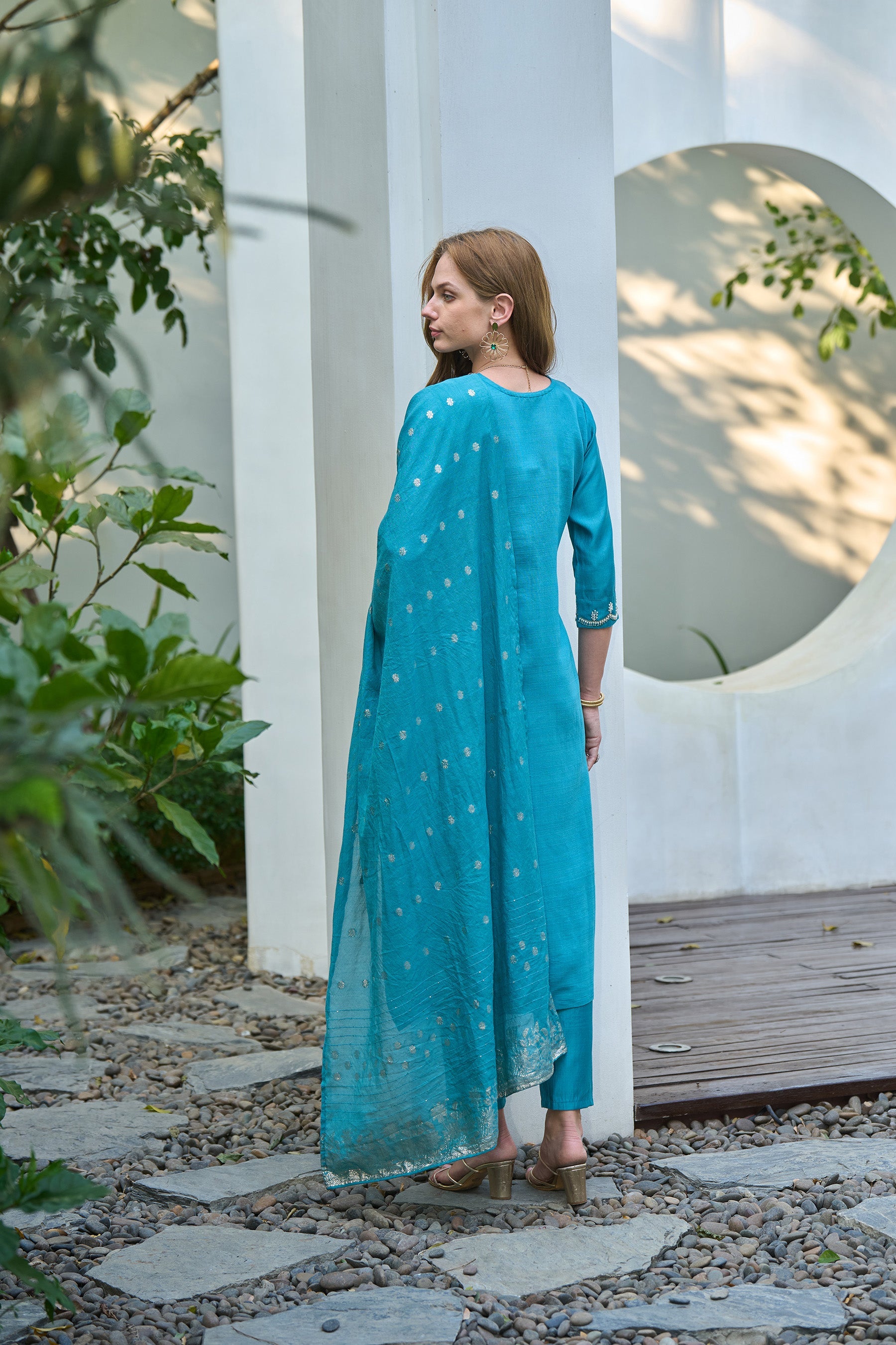 Women's Cotton Sky Blue Embroidered Kurta Pant With Dupatta