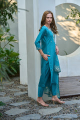 Women's Cotton Sky Blue Embroidered Kurta Pant With Dupatta-AVT-S2039-Sky