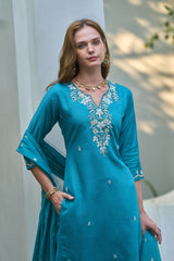 Women's Cotton Sky Blue Embroidered Kurta Pant With Dupatta-AVT-S2039-Sky