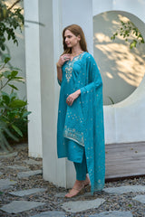 Women's Cotton Sky Blue Embroidered Kurta Pant With Dupatta-AVT-S2039-Sky