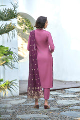 Women's Cotton Wine Embroidered Kurta Pant With Dupatta-AVT-S2040-Wine