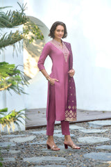 Women's Cotton Wine Embroidered Kurta Pant With Dupatta-AVT-S2040-Wine